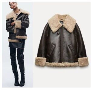 ZARA Collection Double Faced Faux Leather Shearling Biker Moto Bomber Jacket S
